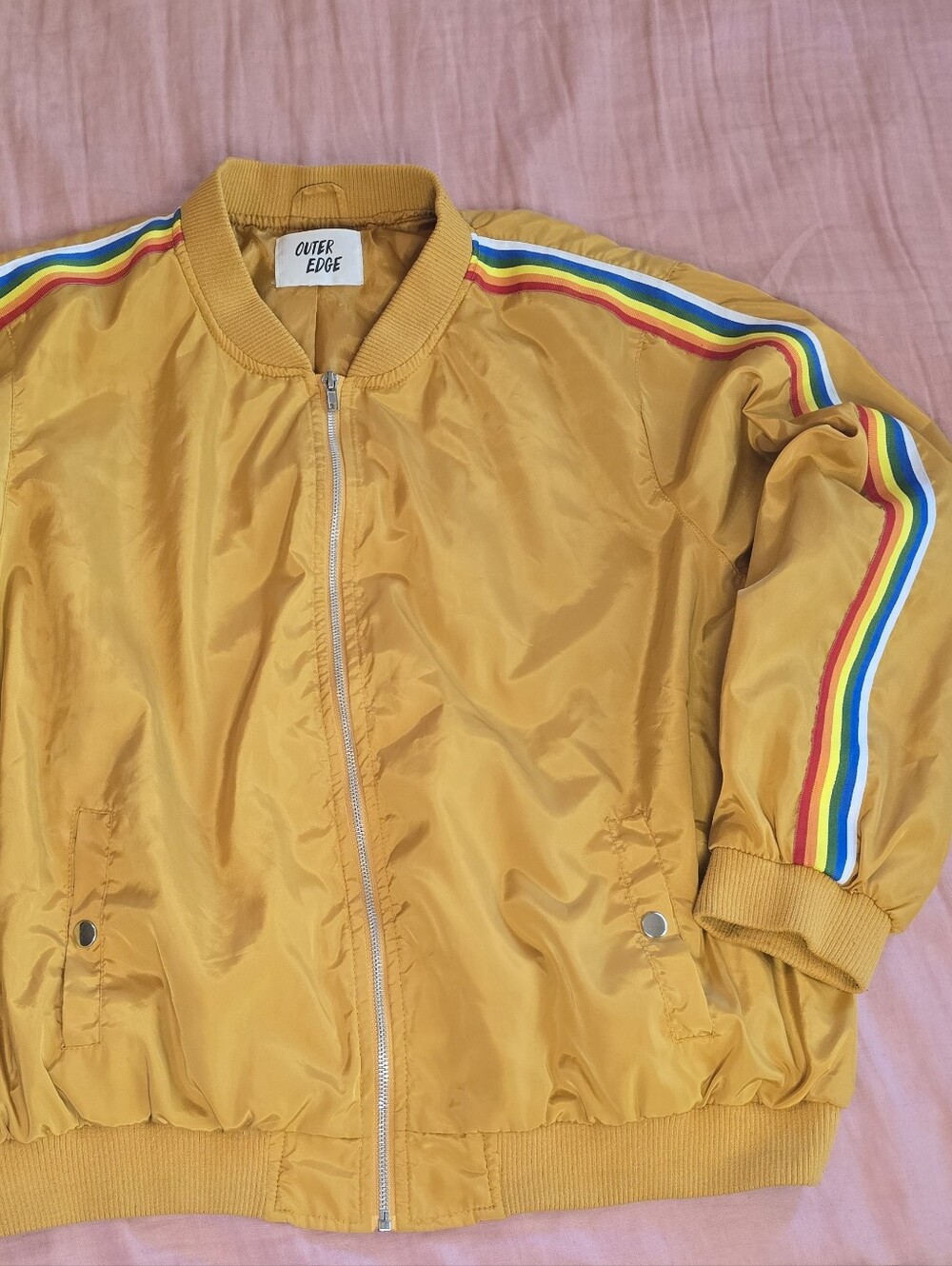 Outer Edge Mustard Yellow 70's Bomber Jacket with Rainbow Stripe Trim